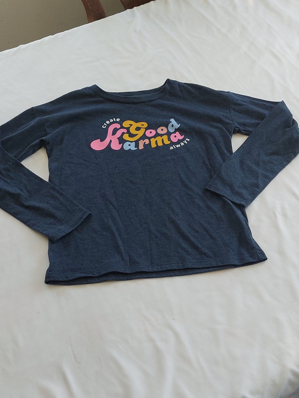 Good Karma Long-Sleeve Tee - Navy with Multicolor Graphic 10 To 12 Girls